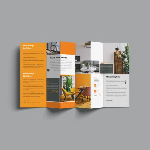 Dépliant en papier texturé avec un design moderne en orange et gris, montrant des images de décoration intérieure.