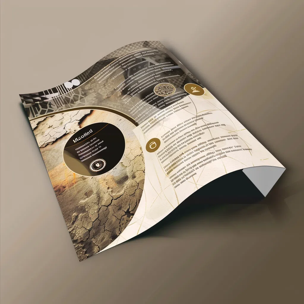 Flyer en papier texturé avec un design artistique et des informations circulaires sur un fond de textures variées.